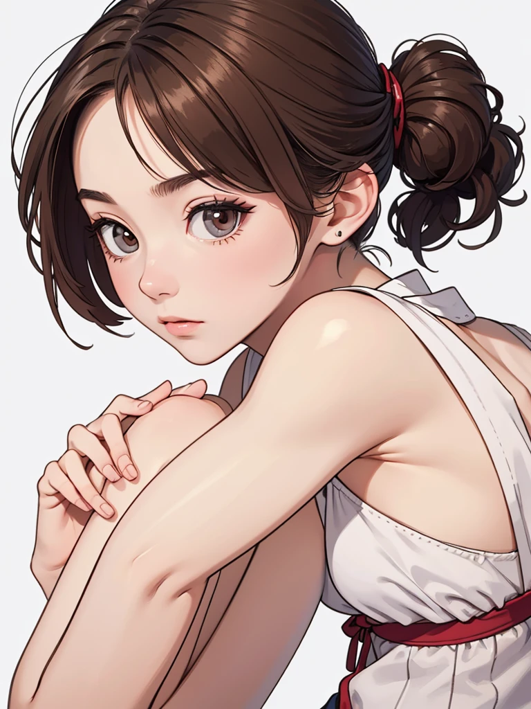 (((masterpiece, best quality, ultra highres, 1 girl, solo, no background))), super detailed skin and face and eyes and finger, beautiful japanese woman, small breasts:1.5, skinny, light brown hair, white background, very short hair, (an illustration of girl), Knee shot, Generate with illustrations, Various expressions, Various poses, Various Costumes, Please draw the entire character within the frame, ensuring that the head, arms, and legs are not cut off. The background should be simple, with the character positioned centrally, spread legs,