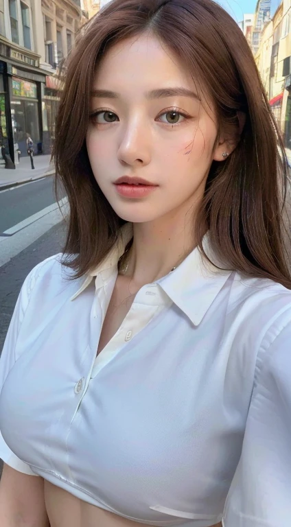 ((Highest quality, 8K, masterpiece :1.3)), Sharp focus :1.2, Beautiful woman with perfect figure :1.4, Slim Abs :1.2, ((Dark brown hair, Big Breasts :1.2)), (White button-up long shirt :1.1), City Street:1.2, Highly detailed face and skin texture, Fine grain, double eyelid NSFW