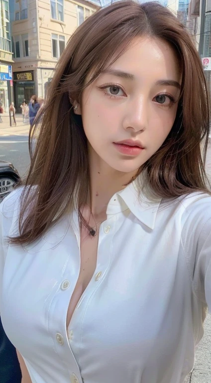 ((Highest quality, 8K, masterpiece :1.3)), Sharp focus :1.2, Beautiful woman with perfect figure :1.4, Slim Abs :1.2, ((Dark brown hair, Big Breasts :1.2)), (White button-up long shirt :1.1), City Street:1.2, Highly detailed face and skin texture, Fine grain, double eyelid NSFW