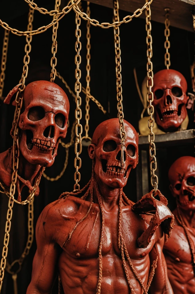 horrible humanoids of bloody flesh hanging from a chain from the ceiling