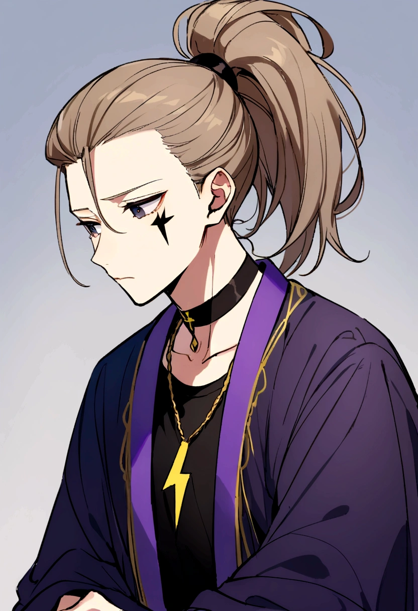Man about seventeen. Light brown hair pulled back into a high ponytail, two braids in front. Dark blue sad eyes, thoughtful expression. average height, Wearing a black t-shirt, black pants, purple haori on top. Lightning bolt tattoo under right eye. Choker with a yellow cross on the neck.