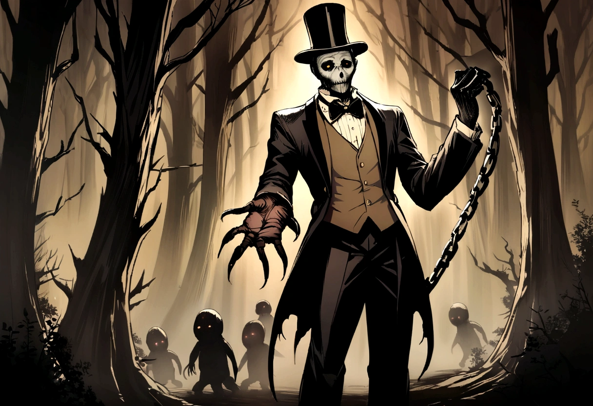 a character from horror stories, a scary-looking humanoid black rabbit, wearing a vest, bow tie and top hat, holding in his hand a chain with a gold key, scary and surrealistic full-length image, background of a dark forest, with large dead people trees.