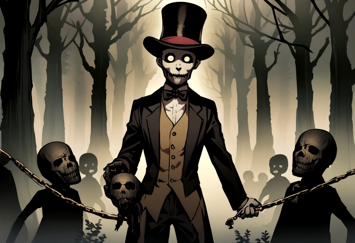 a character from horror stories, a scary-looking humanoid black rabbit, wearing a vest, bow tie and top hat, holding in his hand a chain with a gold key, scary and surrealistic full-length image, background of a dark forest, with large dead people trees.