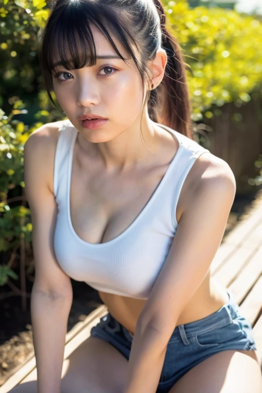 (highest quality、8k、masterpiece:1.3)、Beautiful woman with perfect figure:1.4、Dark brown hair、ponytail、(Big 1.5、Side Bust Barbosa、)Woman with sensual body、Areol、Nipples、Wearing a pendant、Ripped shorts and a V-neck T-shirt、Sit on a bench、in the garden、Highly detailed face and skin、Detailed eyes、double eyelid