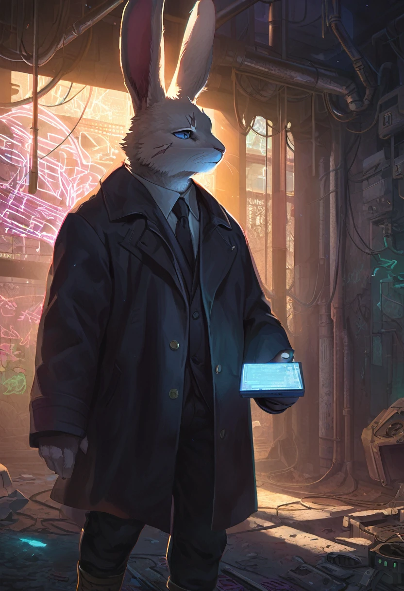 ((Masterpiece)), ((Best Quality)), (Very Detailed), ((Very Detailed)), 4K, (8K), very aesthetic, absurdres highres, 1 man, anthropomorphic rabbit, furry, kemono,In the dim lighting of an abandoned factory, a cunning man with cybernetic prosthetics walks calmly, wearing a dark coat and boots. He has a digital gadget in his hand and a deep scar on his face. There are broken machines and graffiti in the background, and hologram light illuminates the dim space.