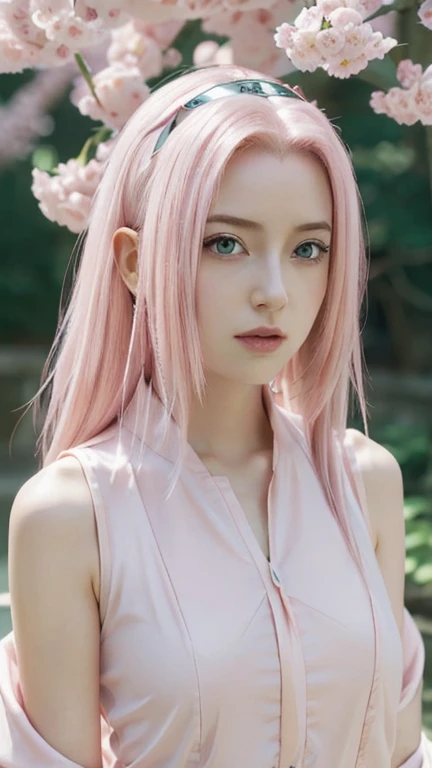 young woman pale skin, long bubblegum pink hair, pink eyebrows, big jade green eyes, buttoned nose, peach lips, small breasts, wide forehead, flower and butterfly kimono, Sakura Haruno, realistic, 3d