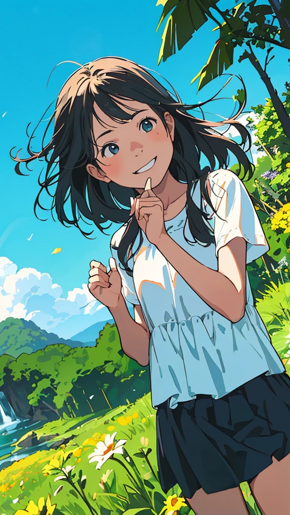 Reasonable design, Clear lines, High Sharpness, (Highest quality,4K,Perfect sharpness,Ultra fine,High resolution,masterpiece:1.2), Perfect ???????:1.5, Official Art, Illustrations that tell a story, (Whitish background:0. 9）、Body Positivity、多Mr.な身体表現、（Random and energetic poses）、Perfect beauty、Perfect beautiful face、Strong winds、A rich expression、Dynamic composition、smile、Golden ratio composition、colorful、（(Mr.々Different angles and perspectives)）、Anime Art、(Mini dress)、（Overcoming stereotypes）、 Glowing Skin、（Natural beauty）、smile、Bangs、（Soft and flowing hair）、（countryside）、（Nostalgic atmosphere）、Put up to your feet、（Playful and carefree）、（多Mr.な民族のキャラクター）、（innocent attitude）、（Sunny atmosphere）、(The skirt flutters wildly in the wind)、（Bright colors）、Beautiful Eyes、(Embarrassing)、Braided Hair、Summer Scene、Smiling among flowers