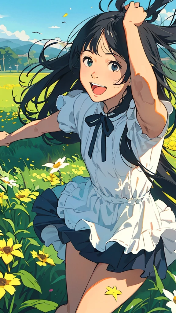 Reasonable design, Clear lines, High Sharpness, (Highest quality,4K,Perfect sharpness,Ultra fine,High resolution,masterpiece:1.2), Perfect Anatomy:1.5, Official Art, Illustrations that tell a story, (Whitish background:0. 9)、Body Positivity、多Mr.な身体表現、(Random and energetic poses)、Perfect beauty、Perfect beautiful face、Strong winds、A rich expression、Dynamic composition、smile、Golden ratio composition、colorful、((Mr.々Different angles and perspectives))、Anime Art、(Mini dress)、(Overcoming stereotypes)、 Glowing Skin、(Natural beauty)、smile、Bangs、(Soft and flowing hair)、(countryside)、(Nostalgic atmosphere)、Put up to your feet、(Playful and carefree)、(多Mr.な民族のキャラクター)、(innocent attitude)、(Sunny atmosphere)、(The skirt flutters wildly in the wind)、(Bright colors)、Beautiful Eyes、(Embarrassing)、Braided Hair、Summer Scene、Smiling among flowers