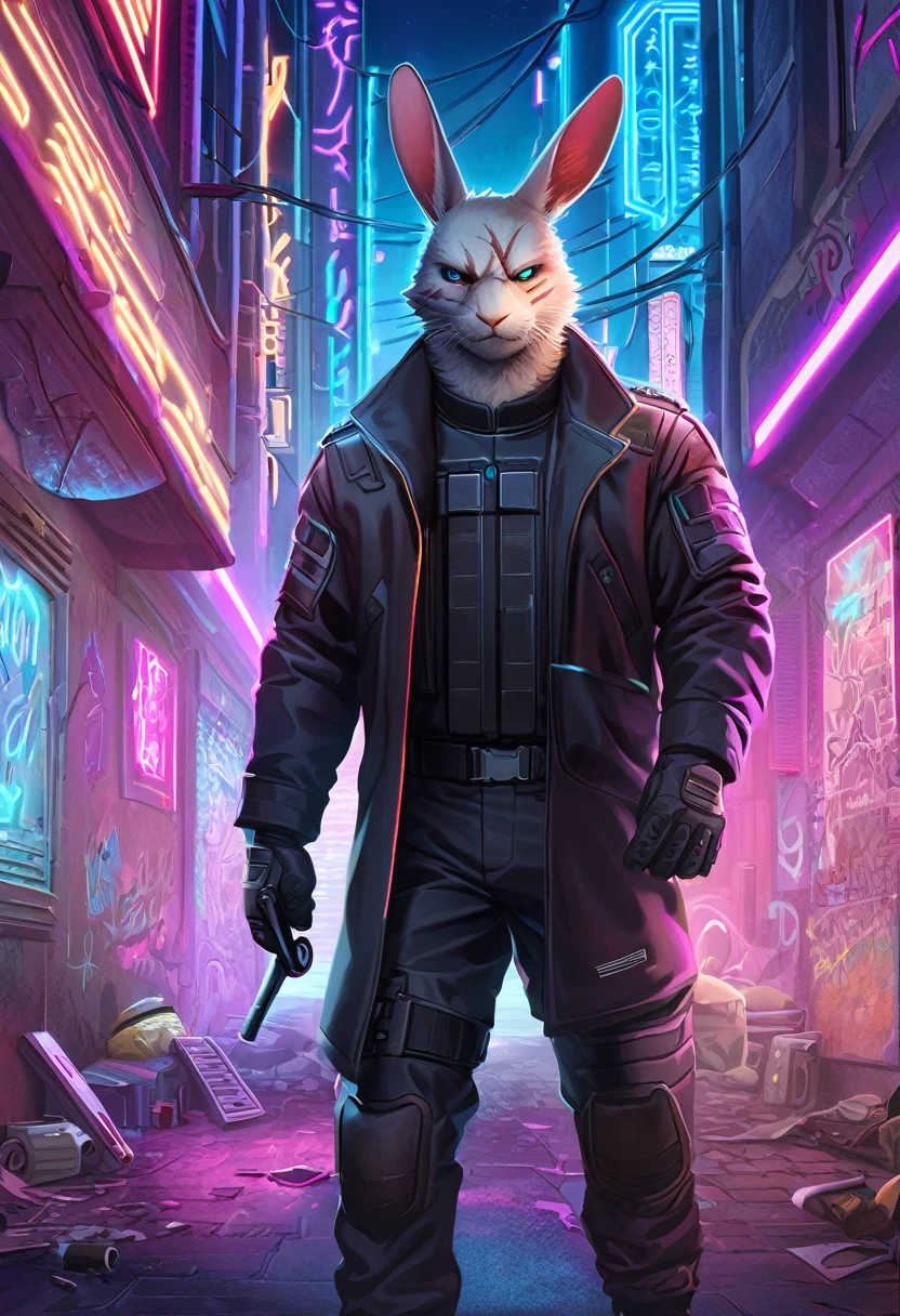 ((Masterpiece)), ((Best Quality)), (Very Detailed), ((Very Detailed)), 4K, (8K), very aesthetic, absurdres highres, 1 men, anthropomorphic rabbit, furry, kemono, In a neon-lit city alley, a ruthless man with cybernetic prosthetics stands sharp-eyed, wearing a sophisticated combat suit and dark coat. He has deep scars on his face and holds advanced weapons in his hands. Neon lights and hologram ads shine in the background, and broken machines and graffiti are scattered about.
