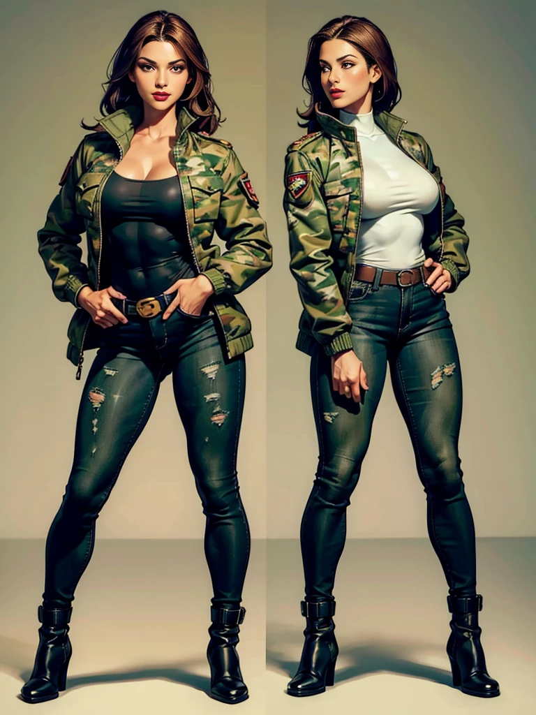 ((best quality)), ((4k)), ((highres)), ((masterpiece:1.2)). ((detailed)), ((ultra realistic)), ((intricate details)), ((full body picture)), ((character design sheet)), ((blank background)), ((standing in a blank background)), a full body shot of a beautiful latina female, colombian woman, colombian beauty, ((emphasis on her complexion)), ((brown hair)), long brown hair, luscious long brown hair, perfect face, gorgeous face, ((vivid hazel eyes)) detailed eyes, detailed lips, ((luscious red lips)), about 5'11 tall, about 25 years old, athletic body, muscular frame, muscular and feminine, ((buff woman)), MUSCULAR LEGS, ((MUSCULAR LEGS)), she's dressed in a CLOSED military green jacket camouflage print, ((CLOSED military green jacket camouflage print)), closed jacket, ((closed jacket)), ((closed jacket)), ((closed jacket)), ((high neck CLOSED JACKET)), ((no cleavage)), ((no cleavage)), ((no cleavage)), ((NO CLEAVAGE)), ((NO CLEAVAGE)), black jeans, ((skin-tight black jeans)), MILITARY black boots ((MILITARY black boots))