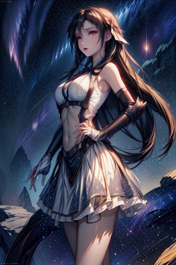 (8K HDR photorealistic pic), Tifa Lockhart, muscular, athletic, cheerful, toned body, (massive breasts), hourglass figure, fighter, long dark hair tied with ribbon at the end, ((Aerith costume)), realistic, seductive, red eyes, soft shadows, (masterpiece), Starry Sky with Mountains and Lake, Jessica Rossier, Inspired by Jessica Rossier, Jessica Rossier Fantasy Art, Concept Art Magic Highlights, Official Artwork, Dream Painting, Ethereal Realm, Atmospheric artwork, dreamy matte paintings, serene endless stars inspired by Ted Nasmith, moonlit starry environments, epic music album covers.