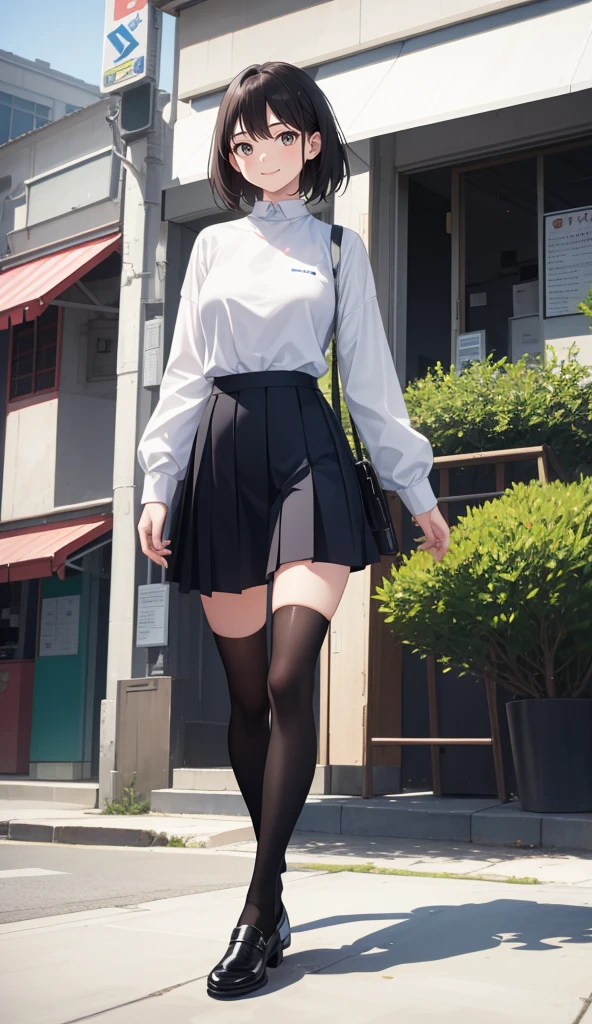 1girl in、AS-Adult、A smile、The shirt、skirt by the、（small tits）、Walking with a thigh、Upper body portrait,((full body))