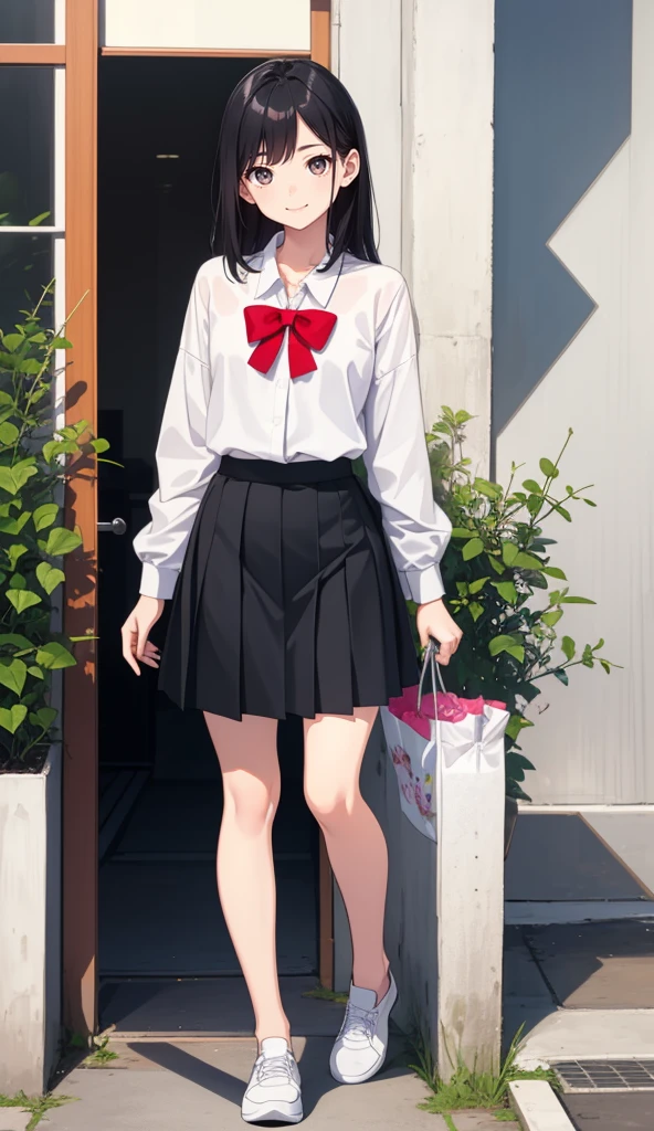 1girl in、AS-Adult、A smile、The shirt、skirt by the、(small tits)、Walking with a thigh、Upper body portrait,((full body))