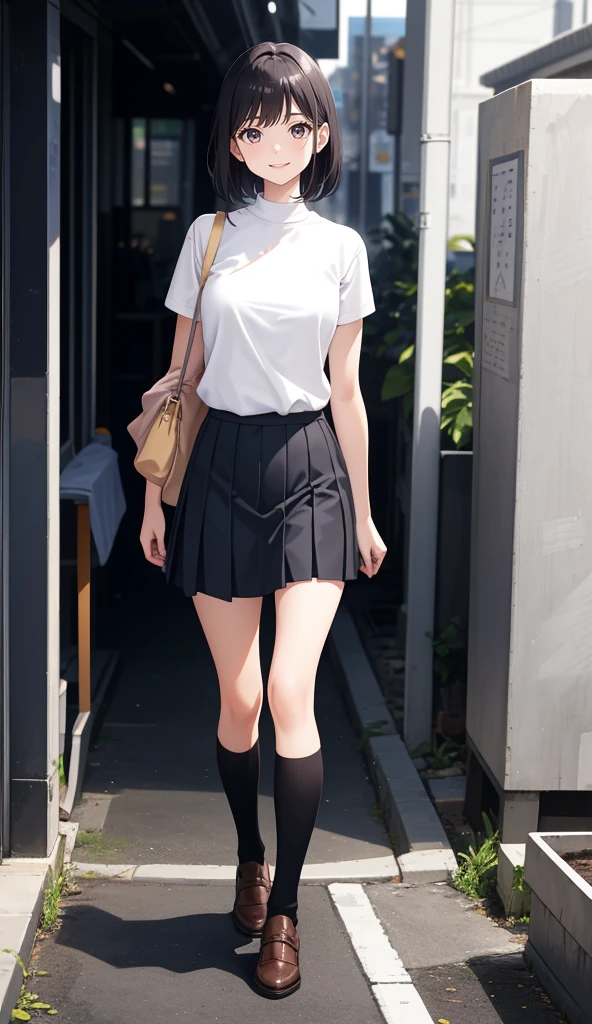 1girl in、AS-Adult、A smile、The shirt、skirt by the、（small tits）、Walking with a thigh、Upper body portrait,((full body))