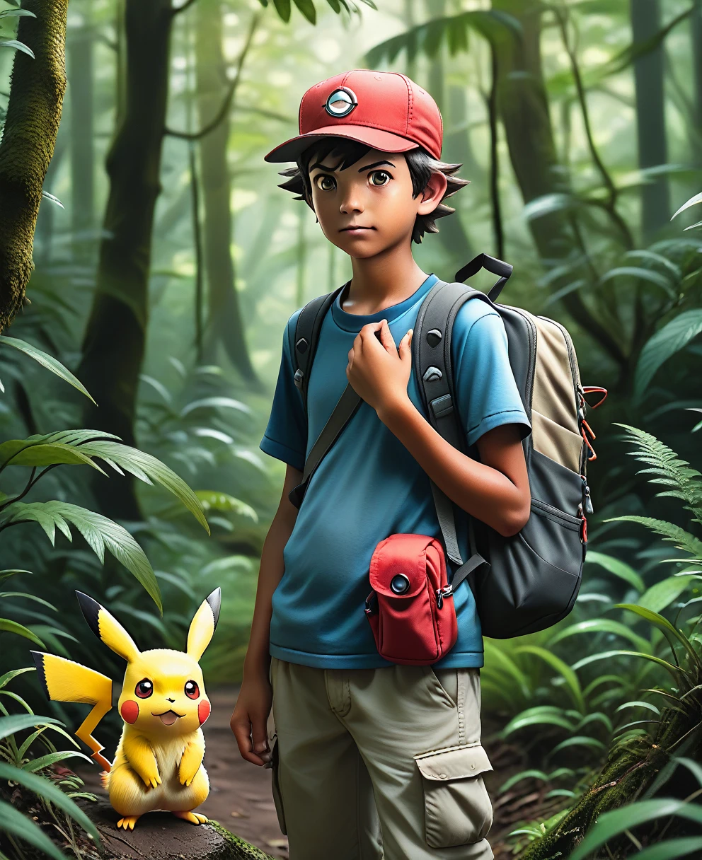 Pokémon trainer, Pokémon in the wild, illustration Pokémon, arte principal, arte promocional, cinza ketchum, Pokémon, Pokémon cap, arte oficial, um hiper realista, renderização hiper-realista de aventura, new Pokémon, arte oficialwork, enevoado, japão, Admirador de arte, Pokémon inspired, 