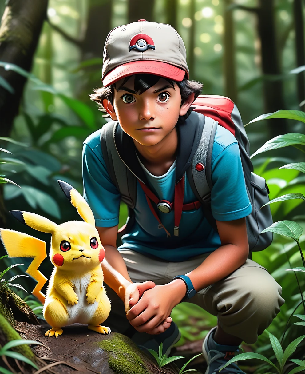 Pokémon trainer, Pokémon in the wild, illustration Pokémon, arte principal, arte promocional, cinza ketchum, Pokémon, Pokémon cap, arte oficial, um hiper realista, renderização hiper-realista de aventura, new Pokémon, arte oficialwork, enevoado, japão, Admirador de arte, Pokémon inspired, 