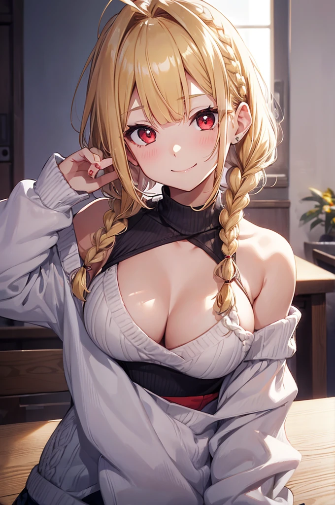 Cleavage、、smile、Show your hand, Put your elbows on the table、Chest close-up, blonde　, Braided Style, Spiked Hair, Blunt bangs, Bob Hair, Braid, Ahoge　Red eyes, Off the shoulder, Knitted sweater