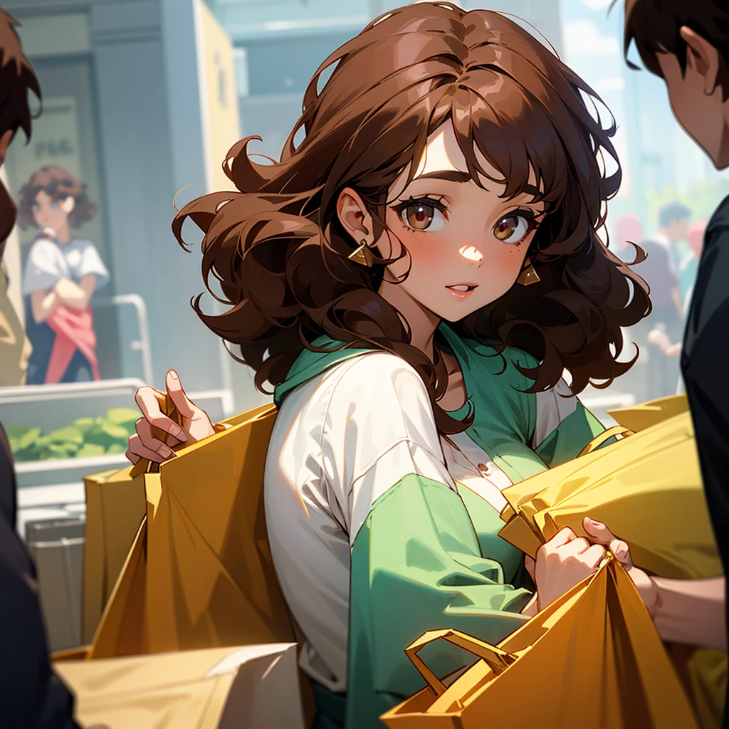 A woman with brown curly hair, eyes browns, skin fair, being flirted with by several boys, backgroung shopping