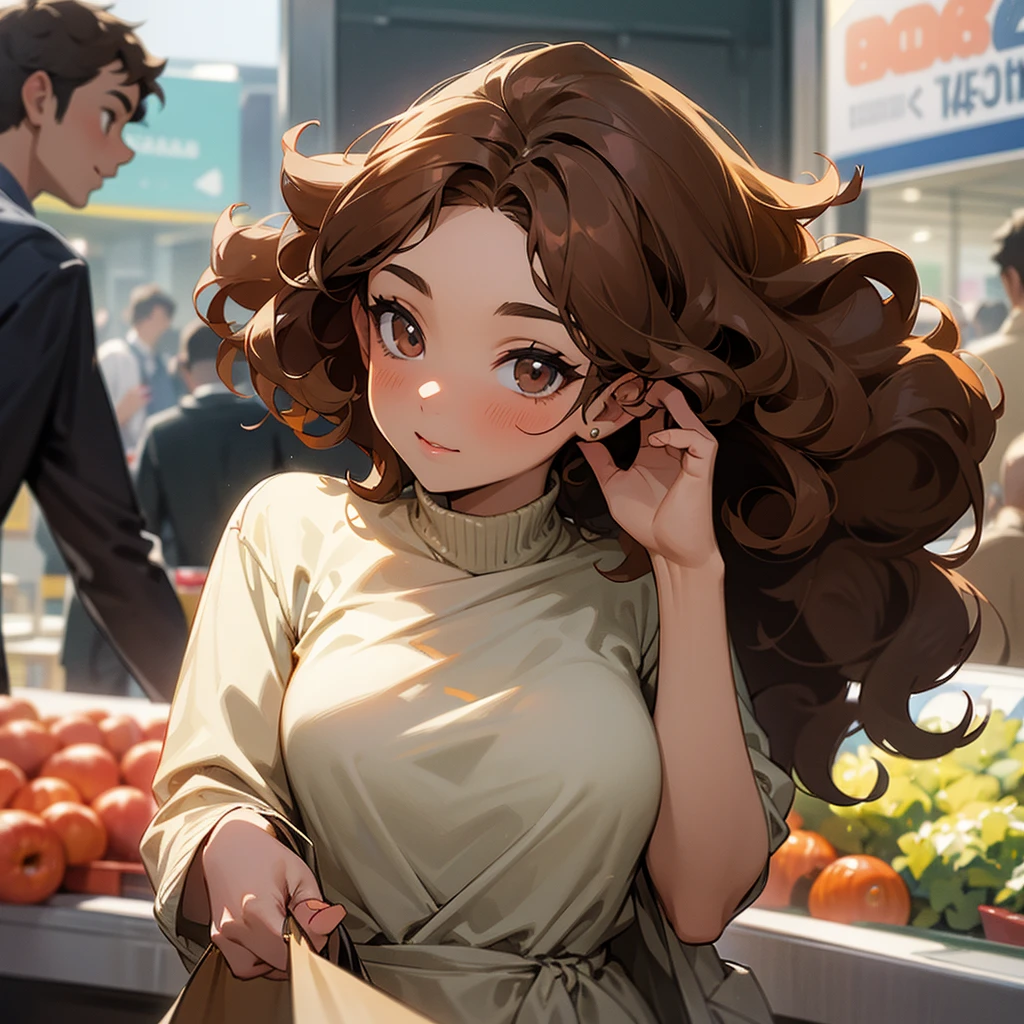 A woman with brown curly hair, eyes browns, skin fair, being flirted with by several boys, backgroung shopping