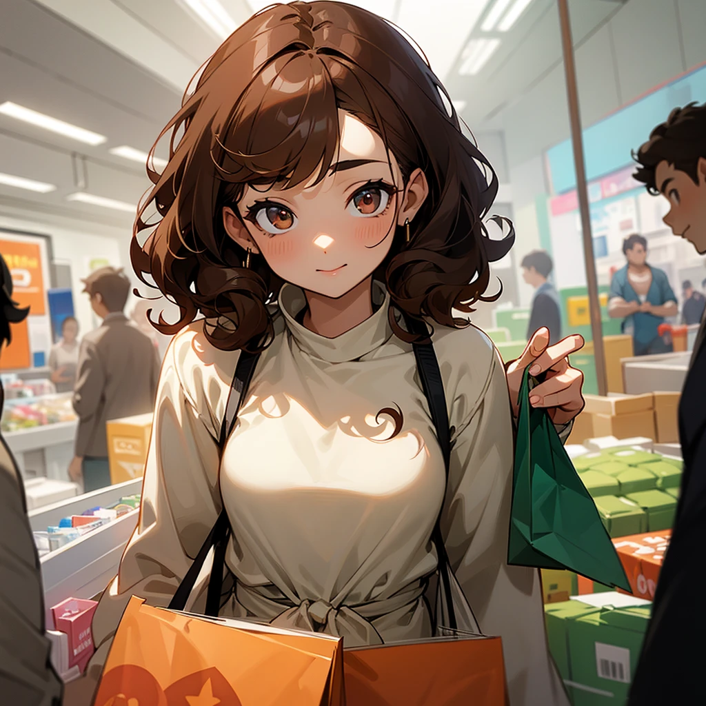 A woman with brown curly hair, eyes browns, skin fair, being flirted with by several boys, backgroung shopping
