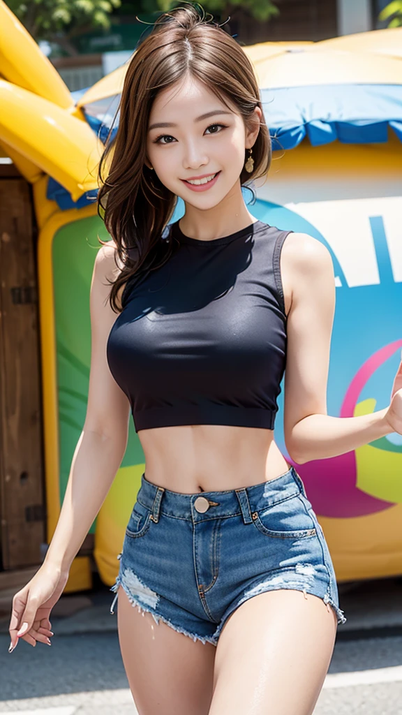 A scene of a beautiful woman wearing a colorful sleeveless top and denim shorts waving with a big smile on a sunny day