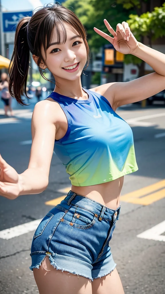 A scene of a beautiful woman wearing a colorful sleeveless top and denim shorts waving with a big smile on a sunny day