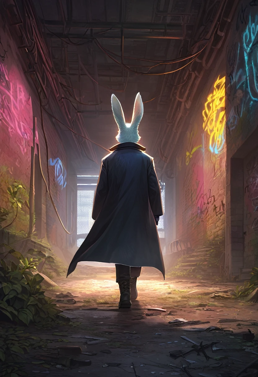 ((Masterpiece)), ((Best Quality)), (Very Detailed), ((Very Detailed)), 4K, (8K), very aesthetic, absurdres highres, 1 man, anthropomorphic rabbit, furry, kemono,In the dim lighting of an abandoned factory, a cunning man with cybernetic prosthetics walks calmly, wearing a dark coat and boots. He has a digital gadget in his hand and a deep scar on his face. There are broken machines and graffiti in the background, and hologram light illuminates the dim space.
