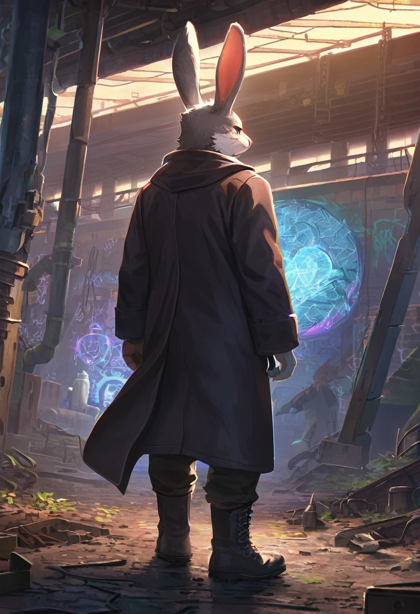 ((Masterpiece)), ((Best Quality)), (Very Detailed), ((Very Detailed)), 4K, (8K), very aesthetic, absurdres highres, 1 man, anthropomorphic rabbit, furry, kemono,In the dim lighting of an abandoned factory, a cunning man with cybernetic prosthetics walks calmly, wearing a dark coat and boots. He has a digital gadget in his hand and a deep scar on his face. There are broken machines and graffiti in the background, and hologram light illuminates the dim space.
