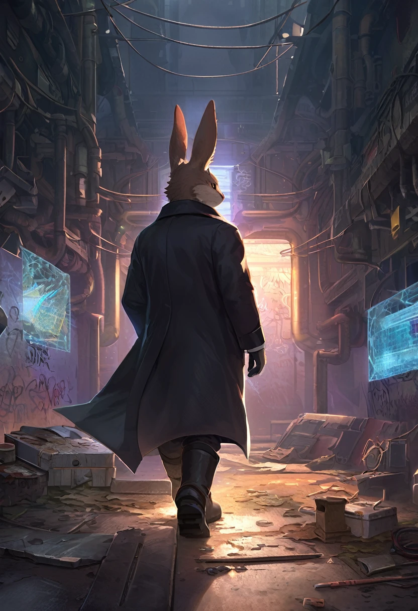 ((Masterpiece)), ((Best Quality)), (Very Detailed), ((Very Detailed)), 4K, (8K), very aesthetic, absurdres highres, 1 man, anthropomorphic rabbit, furry, kemono,In the dim lighting of an abandoned factory, a cunning man with cybernetic prosthetics walks calmly, wearing a dark coat and boots. He has a digital gadget in his hand and a deep scar on his face. There are broken machines and graffiti in the background, and hologram light illuminates the dim space.