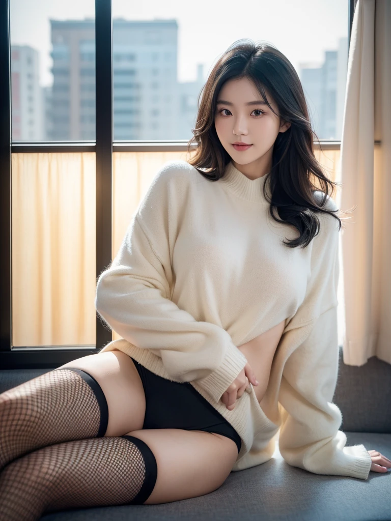 A Korean girl is posing in a photo studio with a window in the backgroundr, she wears a a muslim kopftuch wool sweater goth underwear and fishnet stockings , wavy black hair blowing in the wind. She's a men's magazine model, with a subtle smile, flirting with the camera, (in evening light: 1.2), in the photo studio, perfect eyes, perfect hands, perfect body, perfect hair, perfect chest, hair behind the ear, UHD, Retina, masterpiece, precise, anatomically correct, textured skin, super detailed, high details, good quality, award-winning, best quality, high-res, 16k, 8k. fullbody
Warte auf Start