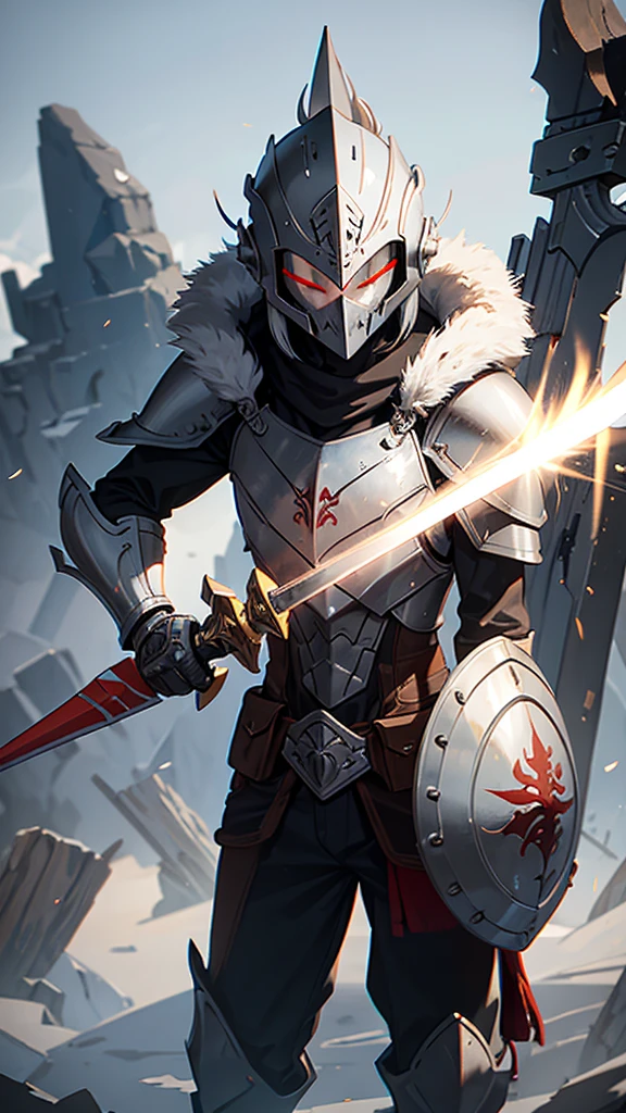 Grayish armor, helmet with a feather, the goblin hunter, having in his left hand a shield and in his right side a huge sword, his left eye glowing bright red.