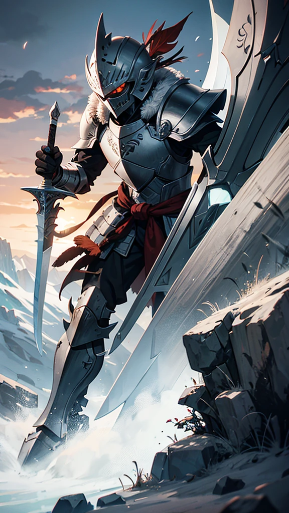 Grayish armor, helmet with a feather, the goblin hunter, having in his left hand a shield and in his right side a huge sword, his left eye glowing bright red.