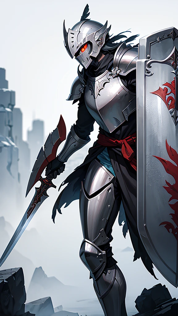 Grayish armor, helmet with a feather, the goblin hunter, having in his left hand a shield and in his right side a huge sword, his left eye glowing bright red.