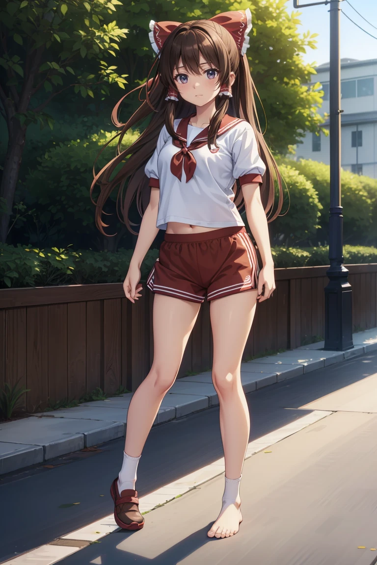 Reimu Hakurei, (Brown eyes:1.5), Brown Hair, bow, hair bow, Hair Tube, Long Hair, red bow, Side Lock, (((Slender body)))、(Navy blue cuffs and white short-sleeved gym uniform)、(Navy Blue Bloomers)、(
barefoot)、Navy blue socks、sports boots、Ground、Schoolyard、Sexy pose、
BREAK Watch Viewers,blush、
Full Body Shot,Smile Break (masterpiece:1.2), Highest quality, High resolution, unity 8k wallpaper, (figure:0.8), (Beautiful attention to detail), Highly detailed face, Perfect lighting, Highly detailed CG, (Perfect hands, Perfect Anatomy)