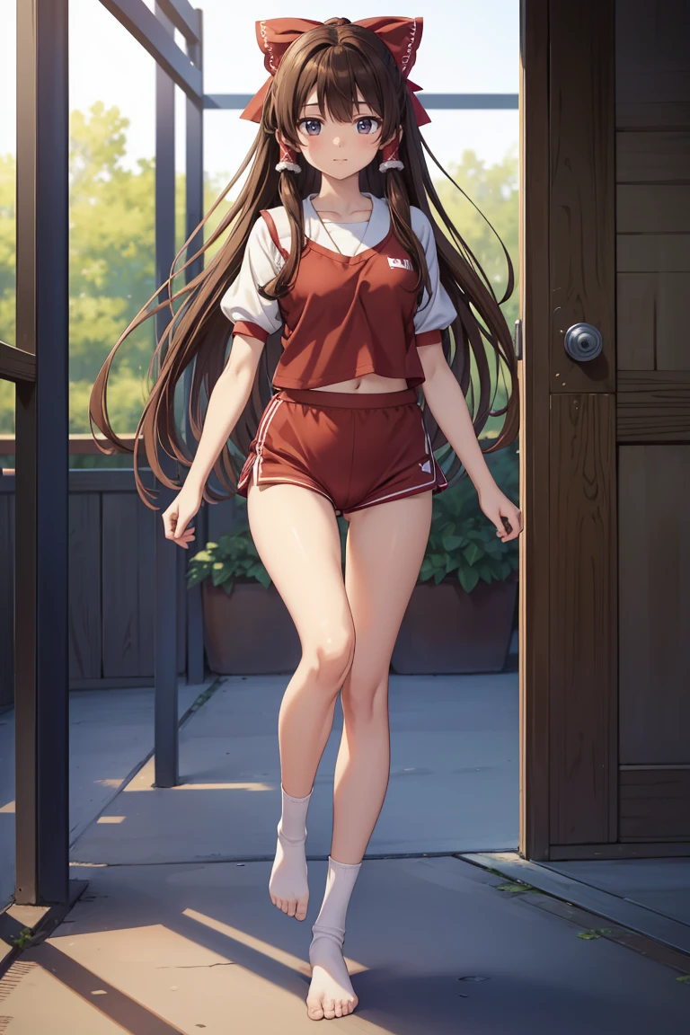 Reimu Hakurei, (Brown eyes:1.5), Brown Hair, bow, hair bow, Hair Tube, Long Hair, red bow, Side Lock, (((Slender body)))、(Navy blue cuffs and white short-sleeved gym uniform)、(Navy Blue Bloomers)、(
barefoot)、Navy blue socks、sports boots、Ground、Schoolyard、Sexy pose、
BREAK Watch Viewers,blush、
Full Body Shot,Smile Break (masterpiece:1.2), Highest quality, High resolution, unity 8k wallpaper, (figure:0.8), (Beautiful attention to detail), Highly detailed face, Perfect lighting, Highly detailed CG, (Perfect hands, Perfect Anatomy)