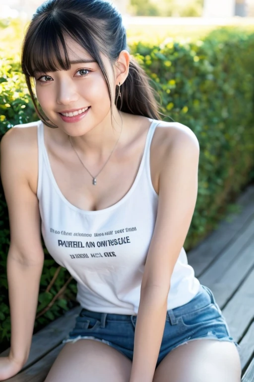 (highest quality、8k、masterpiece:1.3)、Beautiful woman with perfect figure:1.4、Dark brown hair、ponytail、(Big 1.5、Side Bust Barbosa、)Woman with sensual body、Areol、Nipples、Wearing a pendant、Ripped shorts and a V-neck T-shirt、Sit on a bench、in the garden、Highly detailed face and skin、Detailed eyes、double eyelid