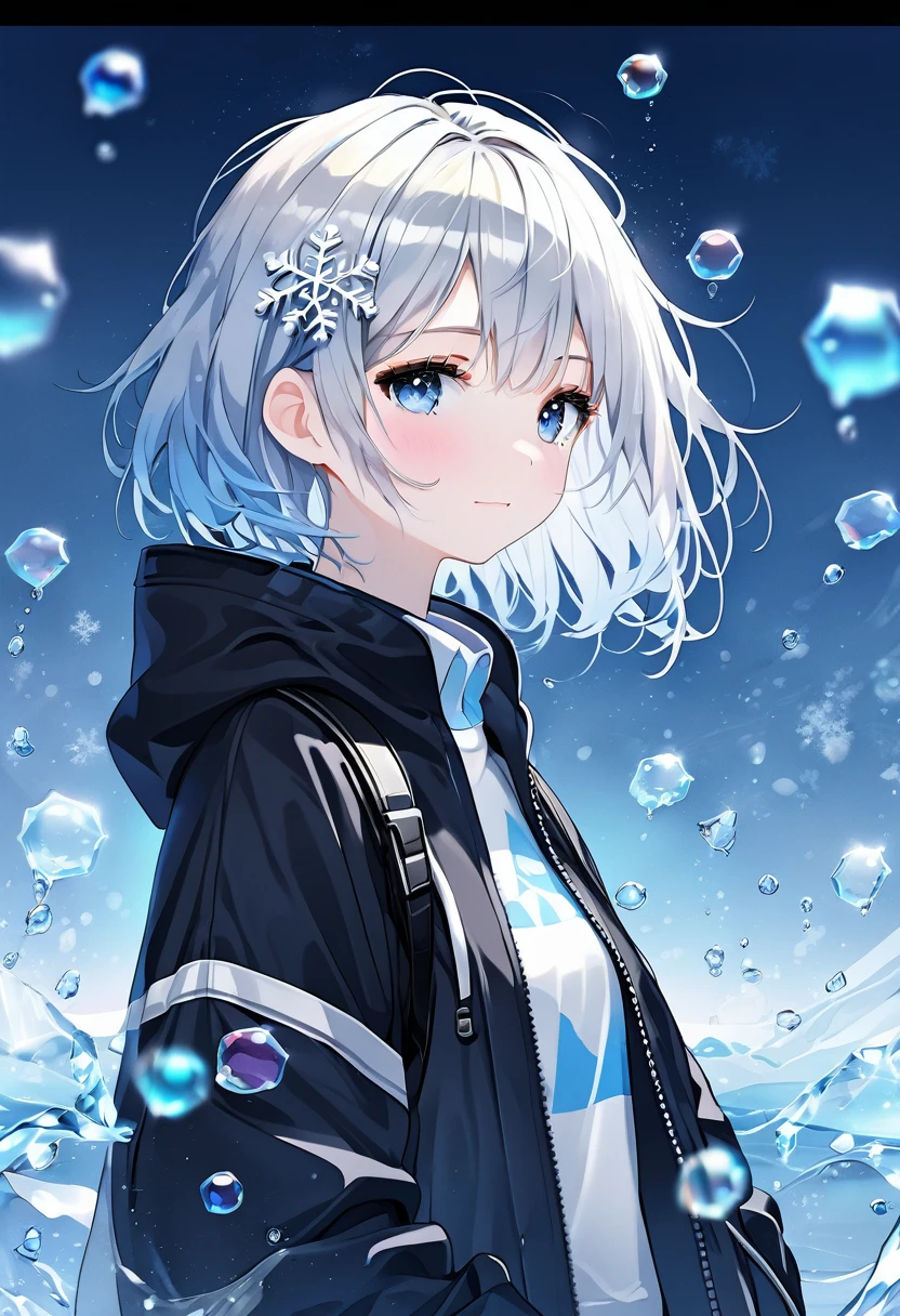 ((Highest quality)), ((masterpiece)), ((Ultra-detailed)), (Very delicate and beautiful), With a girl, solo, Cold attitude,((Black jacket)),She is very(relax)with(Calm)Appearance,Black-haired, Depth of written boundary,Wicked Smile,bubble, Underwater, Air bubbles,bright light blue eyes,Light grey hair with light blue tips and inner color,,,,,,,,,,,,,,Cold Background,Bob Hair - Line Drawing, Shorts、Knee-high socks、Like a white uniform 、Light blue ribbon tie、The clothes are transparent、Put your hands in your pockets、Eyes as bright as sapphires,Frontless Blue, A small blue light was floating、Upward glance、Broken glass、Snowflake hair ornament