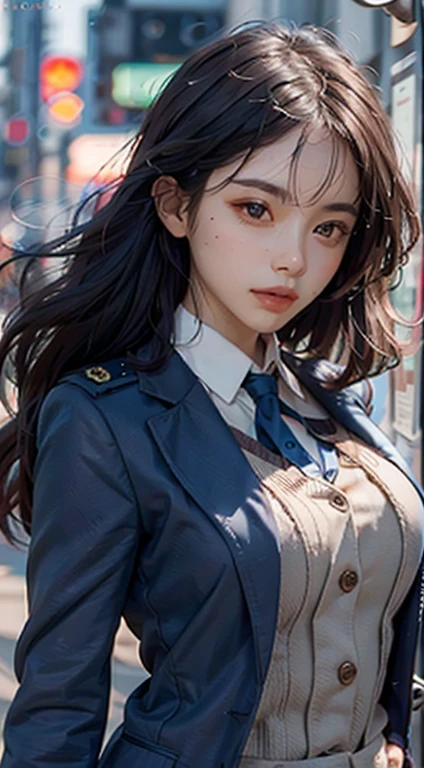 (UHigh resolution, retina, masterpiece, Accurate, Anatomically correct, Textured skin, Super detailed, Attention to detail, high quality, 最high quality, High resolution, 1080P, High resolution, 4K, 8K, 16K), (美しいAttention to detail目, Beautiful lip detail, Highly detailed eyes and face), Studio Lighting, Physically Based Rendering, Vibrant colors, (Large Breasts, Glamorous Body), (Royal Blue Color, navy uniform coat, class seal:1.5), (hunting:1.2), Business shirts, gloves, (Portraiture, Shiny Hair, Shiny skin, blush, Hair blowing in the wind), (Simple Background, Bokeh:1.5), Eye Reflexes, Jet Black Hair,