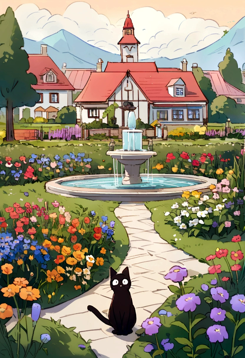 A round-eyed cute cat, Garden fountain, wildflowers, Distant houses, looking like itsuki nakano