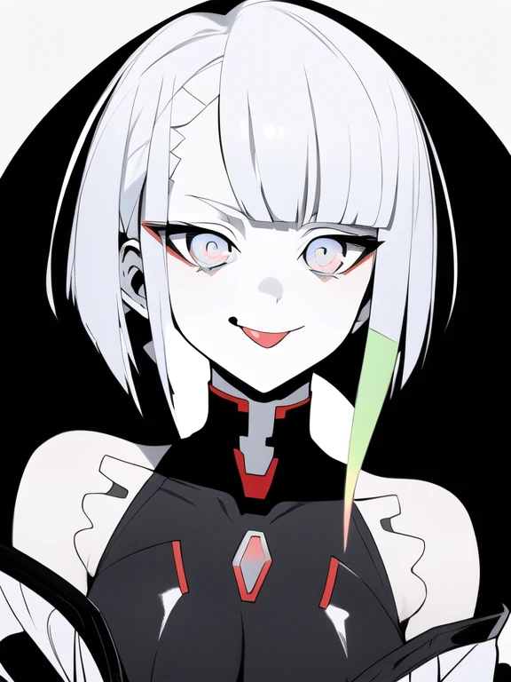 masterpiece, best quality, monochrome, greyscale, ebiblue, gesugao,
1girl, lucyna, short hair, bangs, multicolored eyes, red eyeliner, bare shoulders,  jacket, bodysuit, tongue out,
evil smile, closeup, looking at viewer, solo, (black background, simple background:1.3), white outline, spot colors, shaded face 