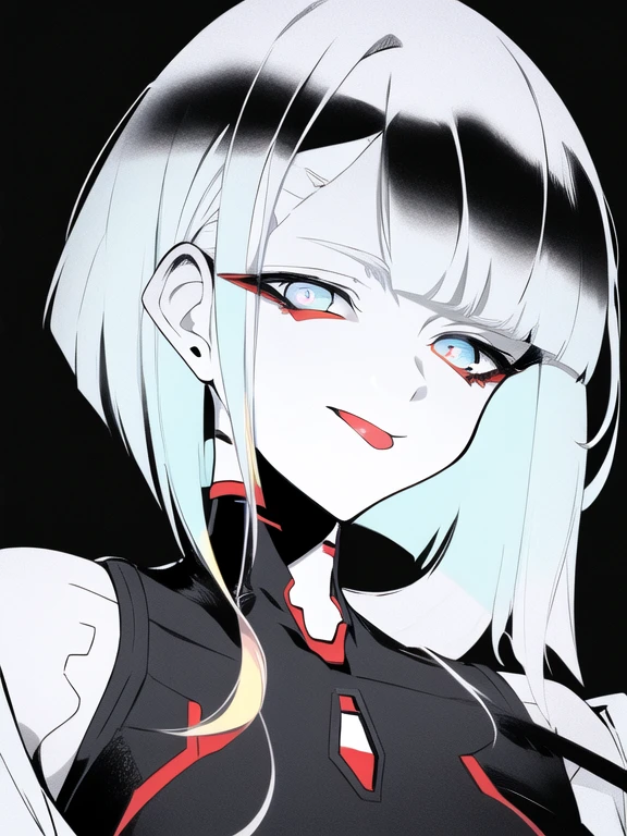 masterpiece, best quality, monochrome, greyscale, ebiblue, gesugao,
1girl, lucyna, short hair, bangs, multicolored eyes, red eyeliner, bare shoulders,  jacket, bodysuit, tongue out,
evil smile, closeup, looking at viewer, solo, (black background, simple background:1.3), white outline, spot colors, shaded face 