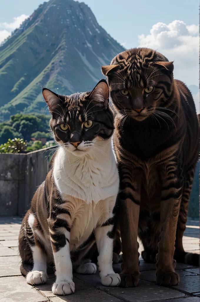 seekor anjing dan seekor kucing, anjing dan kucing itu memiliki tubuh seukuran gunung, they fight against an intense urban backdrop, high quality images, masterpiece, 4K Ultra HD