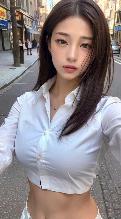 ((Highest quality, 8K, masterpiece :1.3)), Sharp focus :1.2, Beautiful woman with perfect figure :1.4, Slim Abs :1.2, ((Dark brown hair, Big Breasts :1.2)), (White button-up long shirt :1.1), City Street:1.2, Highly detailed face and skin texture, Fine grain, double eyelid NSFW