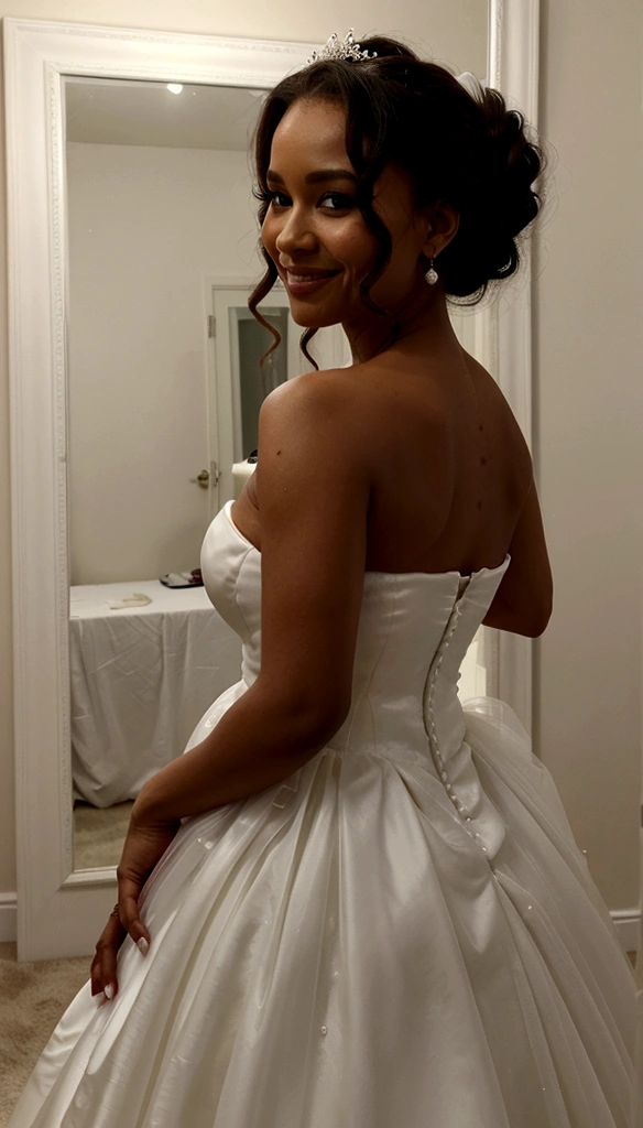 A bride lisaraye mccoy stands in front of a mirror wearing a strapless white ball gown wedding dress with a fitted bodice and voluminous tulle skirt. She also has a long, delicate veil that drapes over her shoulders and back. She has her hair styled in an elegant updo and is smiling softly at the camera. The background features dim lighting with dark-colored walls.