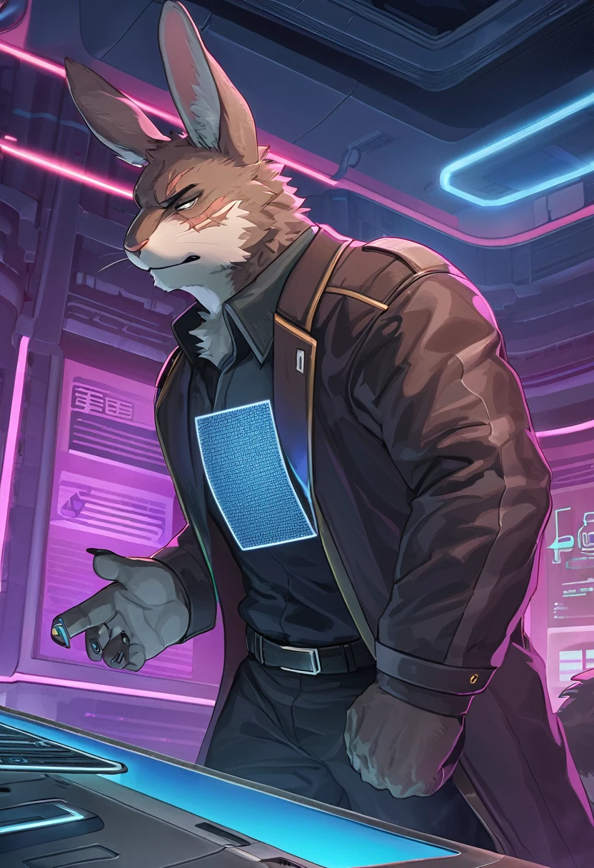 ((Masterpiece)), ((Best Quality)), (Very Detailed), ((Very Detailed)), 4K, (8K), very aesthetic, absurdres highres, 1 man, anthropomorphic rabbit, furry, kemono, Inside a high-tech office, an intimidating man with cybernetic prosthetics poses aggressively, wearing a metallic combat suit and dark coat. He has a deep scar on his face and a holographic display floating in his hand. Hologram ads and neon lights shine in the background, along with sophisticated office machinery.
