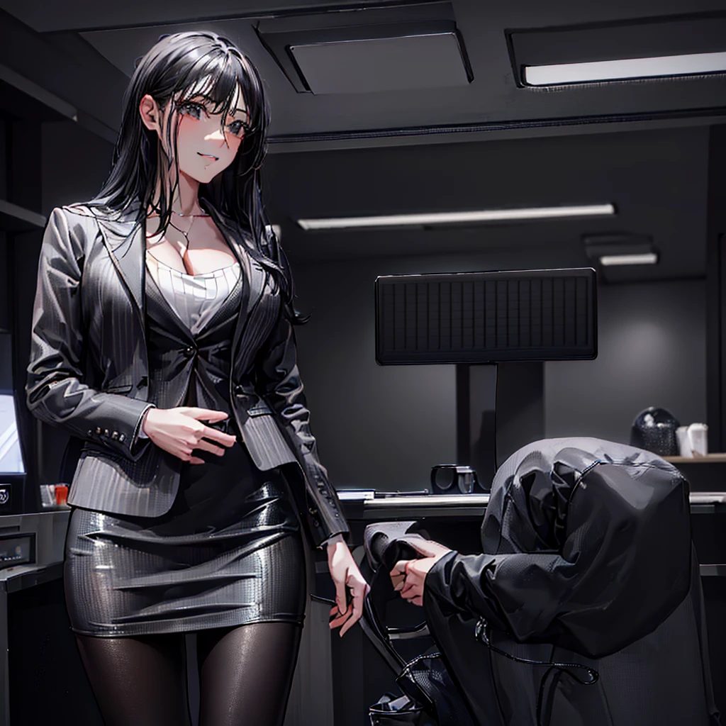 (8k, Best image quality, highest quality, masterpiece), Detailed face,
1 girl, Black Hair, Long Hair, Diagonal bangs, smile、Moderate breasts, (Grey suit jacket:1.2), (White T-shirt), Cleavage, (Grey pencil skirt:1.2), (black pantyhose), Cowboy Shot, Office Background, american shot.