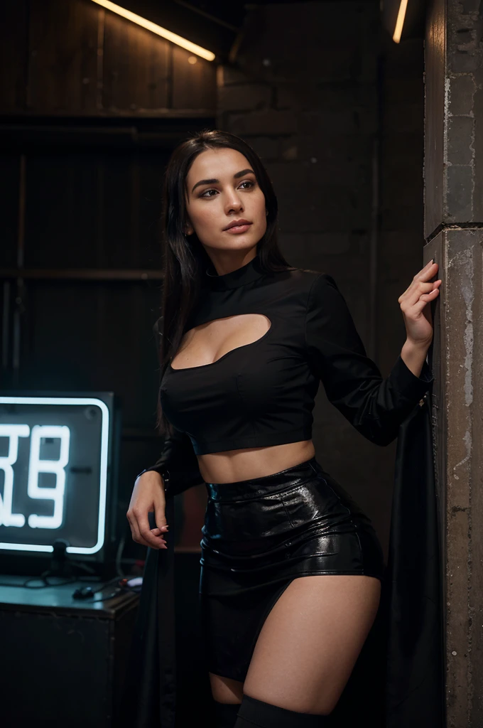 Create an image featuring a bald priest in his late 50s, tall and slim, wearing traditional black priest attire, including a clerical collar. He stands in front of a nightclub, characterized by vibrant neon lights and a bustling urban backdrop. Beside him is a 25-year-old woman who is a hooker. She has long, straight dark hair and is dressed in a provocative and stylish outfit, featuring a short skirt and a low-cut blouse, her blouse has a provocative neckline that highlights her youthful appearance. The scene captures a contrast between the solemnity of the priest and the lively, colorful nightclub setting. Both characters are facing the viewer, with the priest displaying a contemplative expression while the woman smiles subtly, suggesting a complex and intriguing interaction.