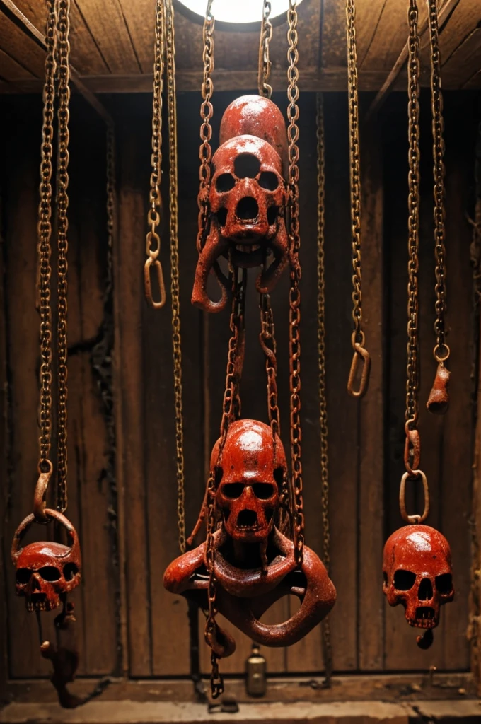 horrible humanoids of bloody flesh hanging from a chain from the ceiling with disturbing and catastrophic background 