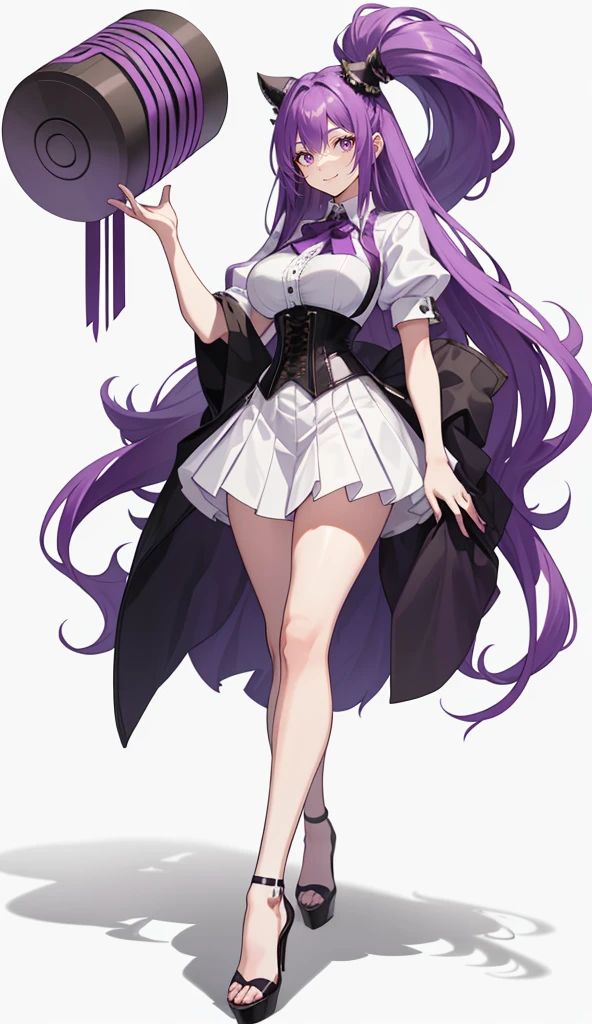 Purple Hair,Long Hair,Adult female,White Y-shirt,((Roll up her sleeves)),(((Roll up your sleeves))),(corset),(Black tight skirt),(High heels),((A simple, blank white background)),smile,((full body)),((whole body)),