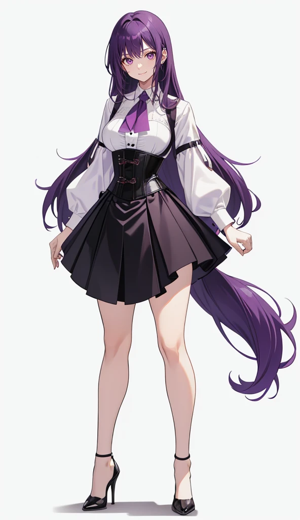 Purple Hair,Long Hair,Adult female,White Y-shirt,((Roll up her sleeves)),(((Roll up your sleeves))),(corset),(Black tight skirt),(High heels),((A simple, blank white background)),smile,((full body)),((whole body)),